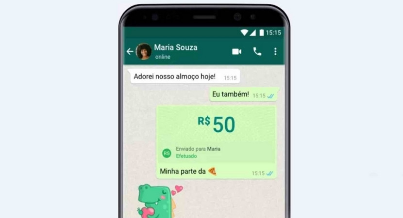 Tele de celular demonstrando uso do WhatsApp Pay
