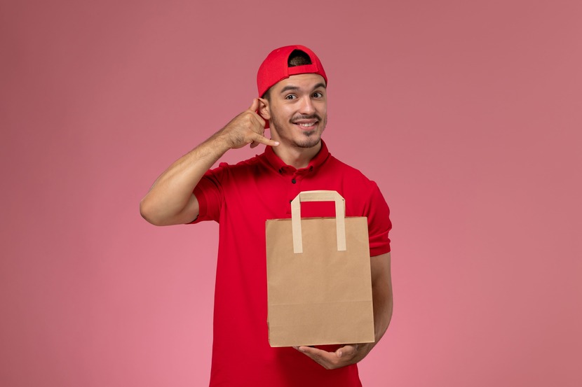 Homem segurando sacola de papel e com roupa vermelha fazendo gesto de telefone no ouvido
