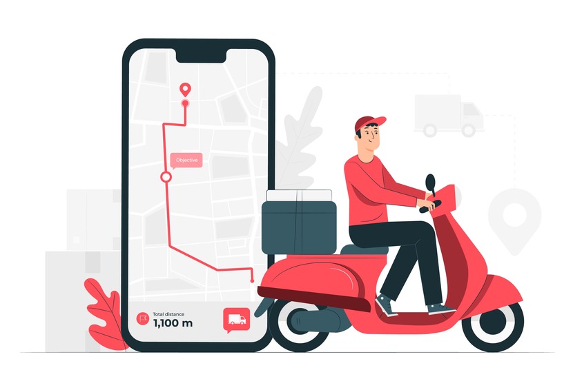 Ilustração de motoboy com celular mostrando sistema GPS