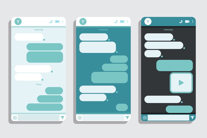 Ilustração de três celulares abertos em um aplicativo de mensagens