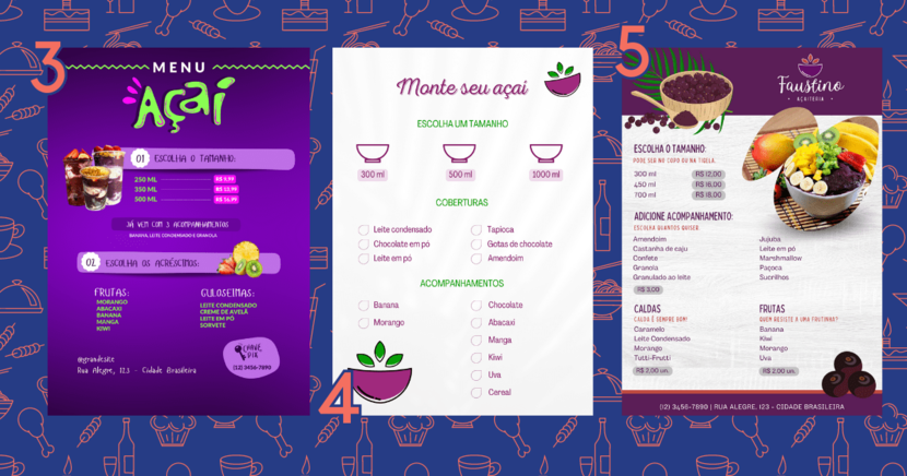 Três exemplos de cardápio açaí