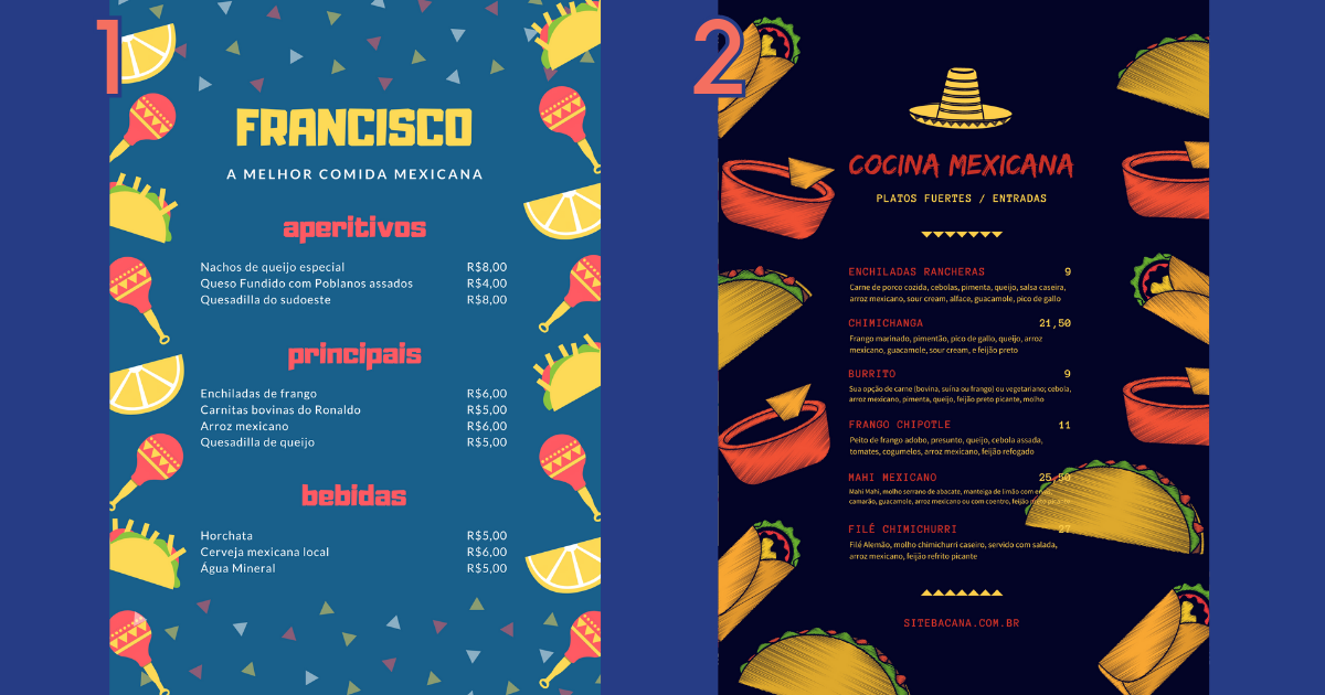Cardápio Mexicano repleto de cores para o fundo do menu