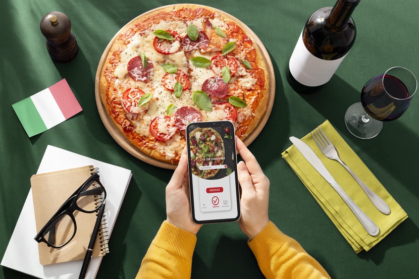 Pessoa mexendo no celular com pizza de fundo