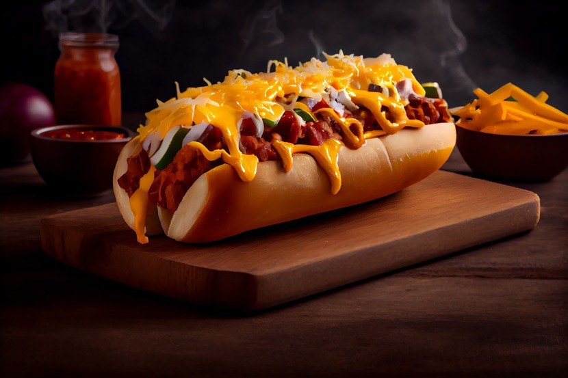 Hot dog completo em cima de uma tábua de madeira