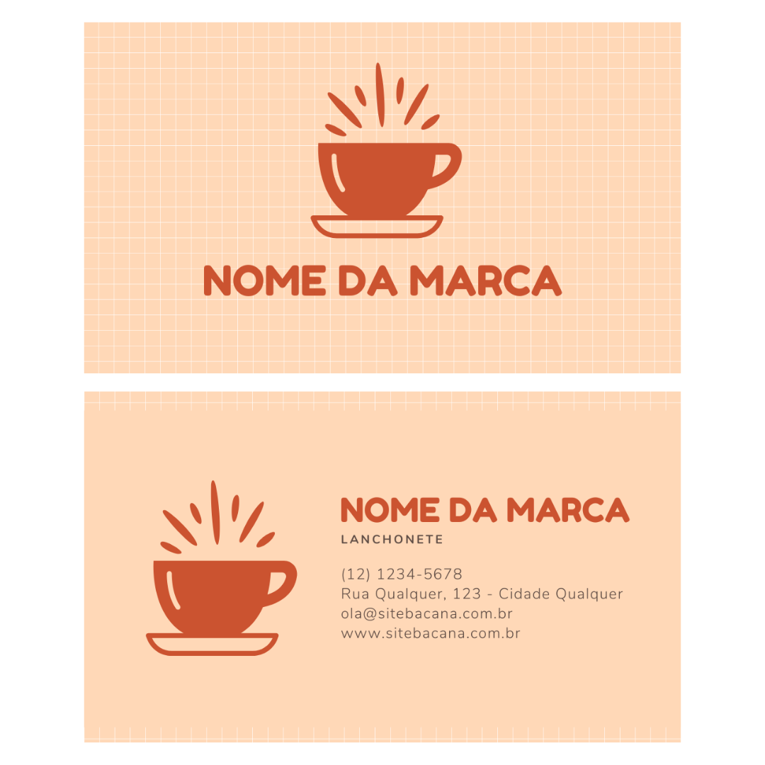 imagem ilustrativa de uma design de cartão de visitas de lanchonete feito pela Saipos, o cartão tem detalhes em rosa e laranja escuro e com locais para colocar o nome da marca, contato da lanchonete e informações gerais e o logotipo. 