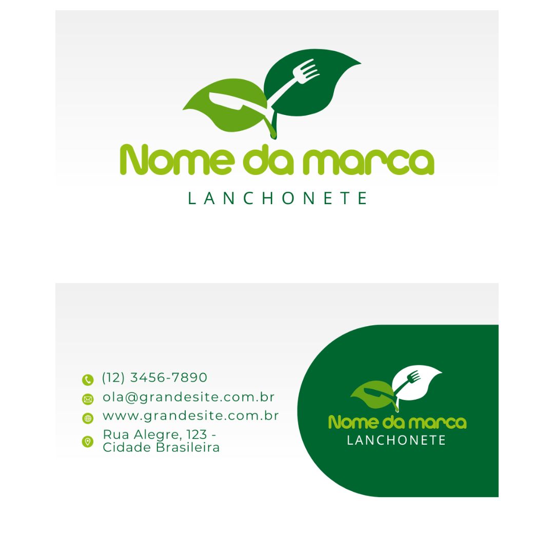 imagem ilustrativa de uma design de cartão de visitas de lanchonete feito pela Saipos, o cartão possui detalhes em branco e verde escuro e com locais para colocar o nome da marca, contato da lanchonete e informações gerais e o logotipo. 