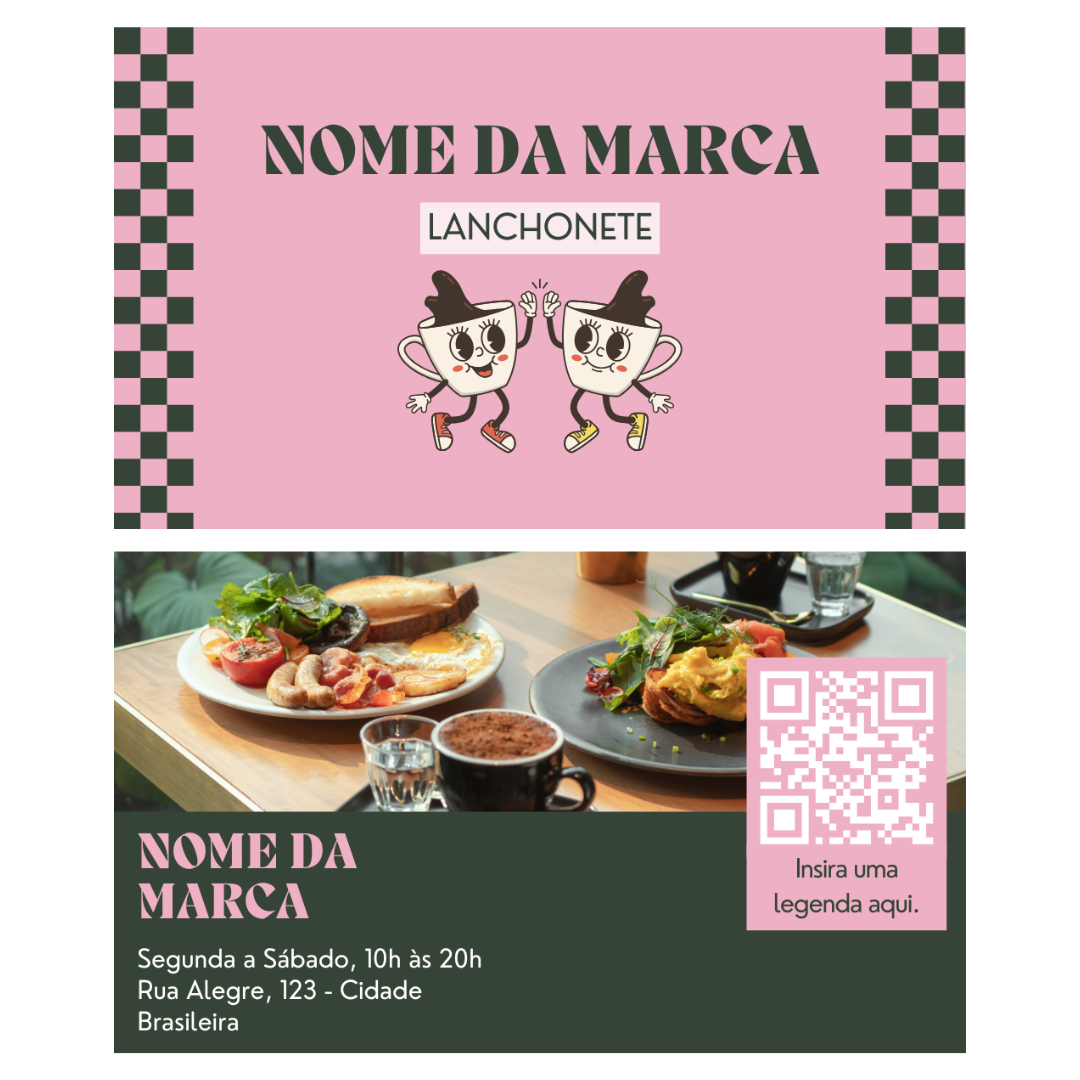  imagem ilustrativa de uma design de cartão de visitas de lanchonete feito pela Saipos, o cartão possui detalhes em verde escuro e rosa com um charme bem moderno  e com locais para colocar o nome da marca, contato da lanchonete e informações gerais e o logotipo