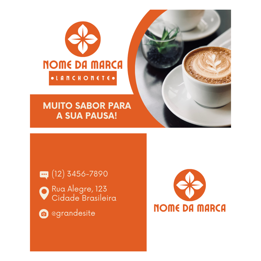 imagem ilustrativa de uma design de cartão de visitas de lanchonete feito pela Saipos, o cartão tem detalhes em branco e laranja escuro e com locais para colocar o nome da marca, contato da lanchonete e informações gerais e o logotipo. 