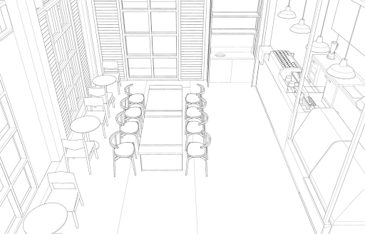 imagem de uma planta de uma lanchonete pequena mostrando o esboço de móveis e layout estrutural.
