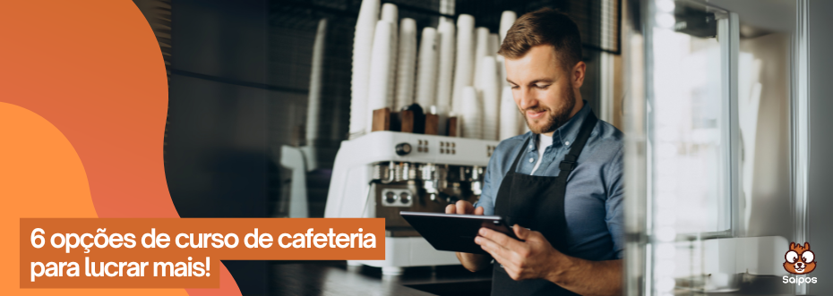 homem barista com um tablet fazendo curso de cafeteria