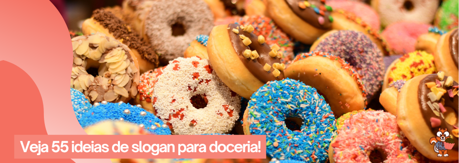 vários donuts coloridos em ideias de slogan para doceria