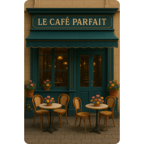 fachada cafeteria designer inspiração francesa cor creme toldo e letreiro clássicos com vasos de flores