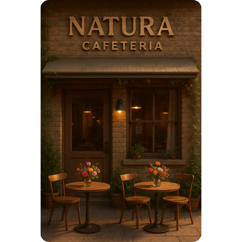 fachada de cafeteria rustica​ com plantas e flores tons terrosos iluminação quente e madeira entalhada