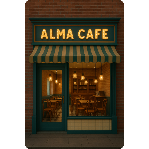 fachada cafeteria vintage​ com toldo listrados luzes quentes azul petróleo