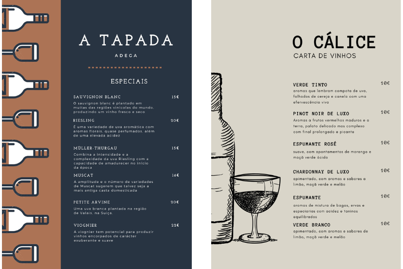exemplo de carta de vinhos