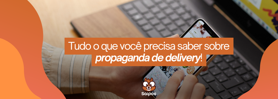 Imagem com escrita, detalhes laranjas e uma imagem de entrega delivery