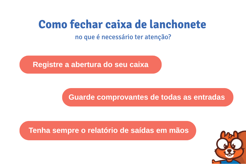 Imagem ilustrativa da Saipos mostrando os 3 pontos que devem ter atenção durante o processo de como fechar o caixa de uma lanchonete, estes pontos são: registrar de abertura do seu caixa, guardar comprovantes das entradas e ter sempre um relatório de saída