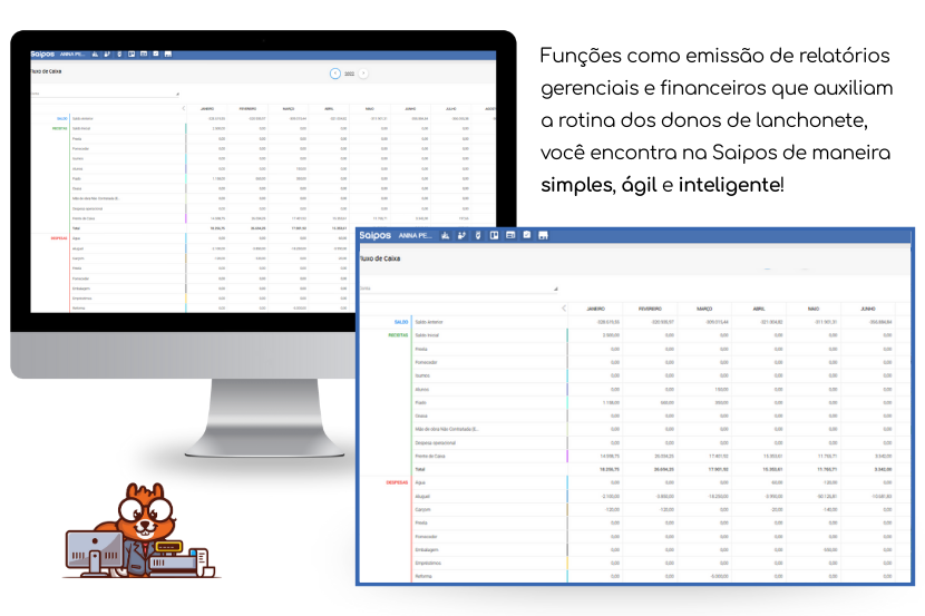 imagem ilustrativa demonstrando um relatório de fluxo de caixa emitido pelo o sistema Saipos, imagem com poucos elementos e duas telas.