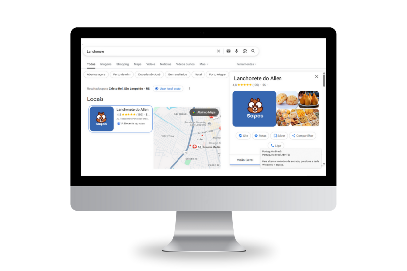 imagem ilustrativa mostrando a SERP do Google onde na barra o cliente buscou por “lanchonete” e mostra a Lanchonete do Allen, com sua localização e dados do Google Meu Negócio.