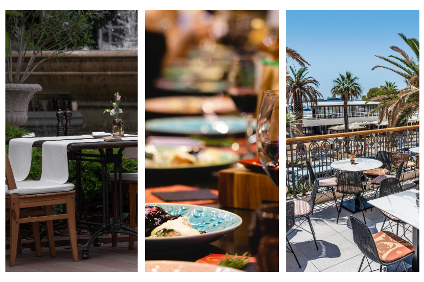 imagem em formato de mosaico de 3 imagens representando 3 restaurantes no ar livre.