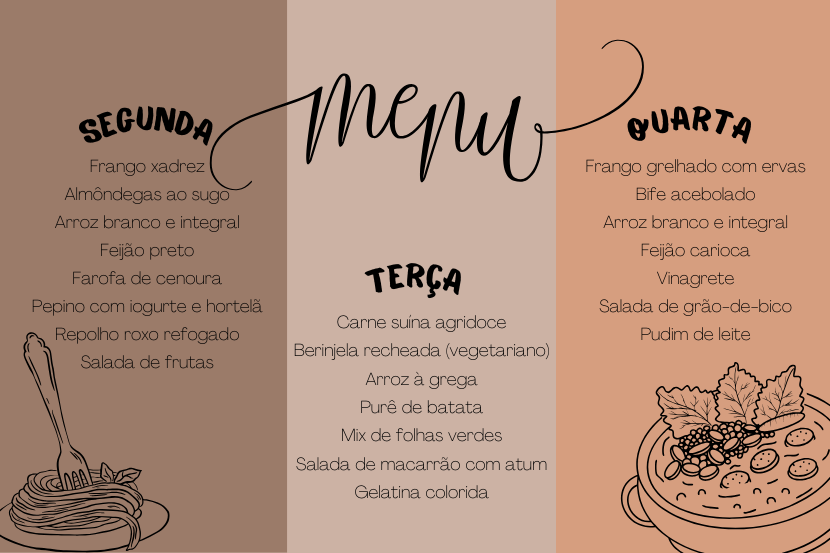 Imagem ilustrativa de um menu self service com cardápio para segunda, terça e quarta-feira. Entre as opções estão frango xadrez, almôndegas ao sugo, arroz branco e integral, feijão preto, carne suína agridoce, berinjela recheada, frango grelhado com ervas, bife acebolado, saladas variadas, sobremesas como salada de frutas, gelatina e pudim de leite. Saipos - Sistema para Restaurantes