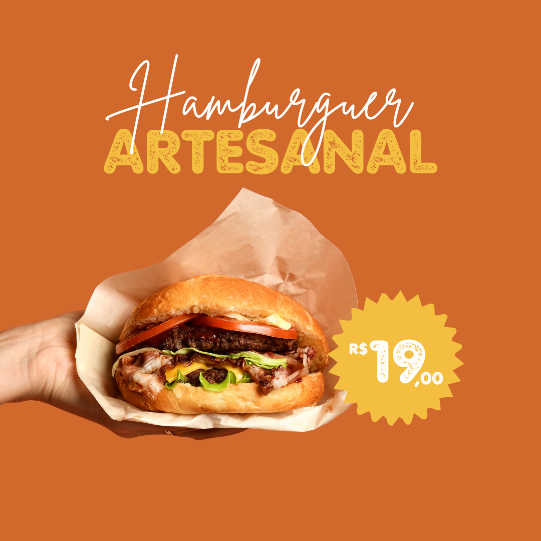 imagem quadrada laranja com uma mão segurando um hamburguer no meio e preço de R$19,90 ao lado