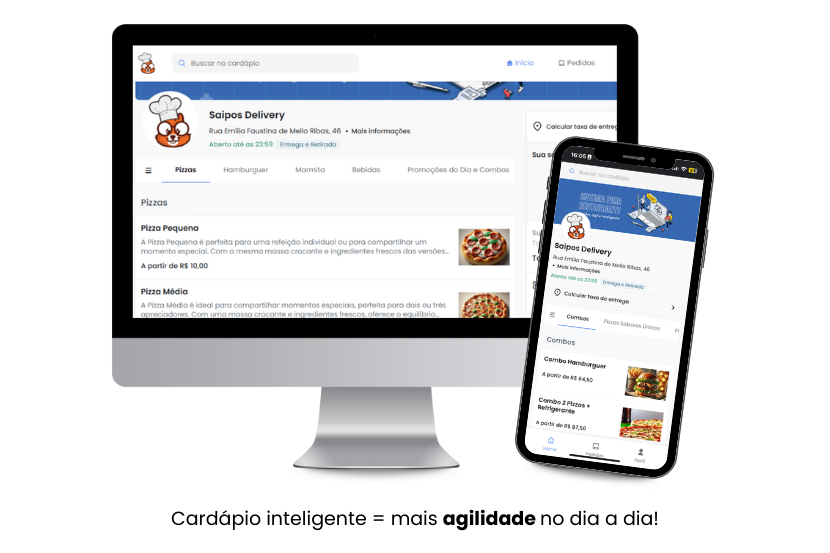 cardapio inteligente gratis  Imagem mostrando um cardápio inteligente, representado por uma interface digital em um computador e celular. A tela exibe opções de pizzas, combos e outros itens de um restaurante, destacando a agilidade e a praticidade do sistema Saipos Delivery. O foco é a agilidade no processo de pedidos com a tecnologia do cardápio inteligente.