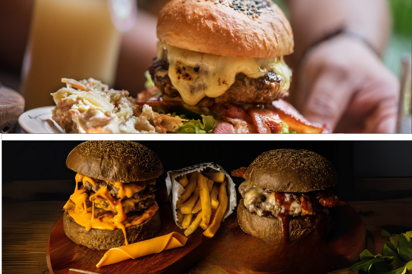 mosaico com duas fotos de hambúrgueres com fritas, na foto superior está uma foto mais simples com somente hambúrguer, sem muita atratividade. Na parte inferior, a foto está mais elaborada com ângulo mais favorável para a comida e trazendo mais elementos para compor a imagem, como queijos e saladas. 