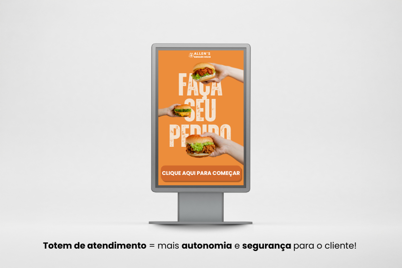 Totem de atendimento digital exibindo tela laranja com a frase "Faça seu pedido" e imagem de hambúrguer. Texto abaixo destaca: "Totem de atendimento = mais autonomia e segurança para o cliente". Palavra-chave: modelo de cardápio digital. Saipos.