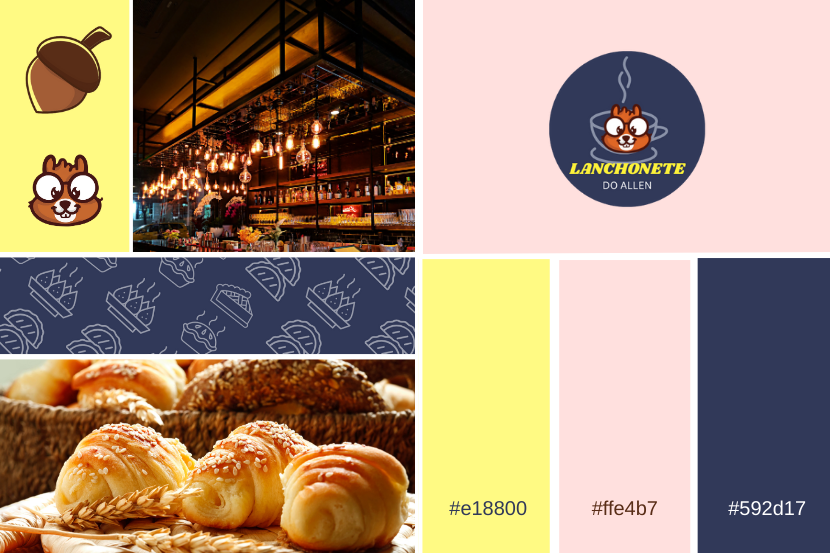 imagem ilustrativa da empresa Saipos, de uma identidade visual de uma lanchonete fictícia. Esta identidade visual é composta por 3 cores e possui elementos de marca, como logotipo, elementos e outros