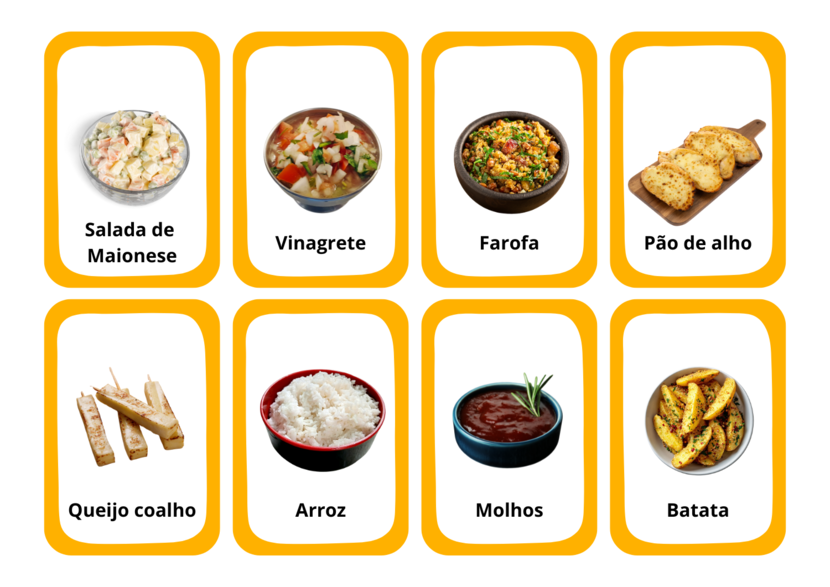 Imagem ilustrativa de cardápio de um churrasco com acompanhamento para churrasco. Apresenta fotos de salada de maionese, vinagrete, farofa, pão de alho, queijo coalho, arroz, molhos e batata, itens tradicionais em churrascarias brasileiras. Saipos.