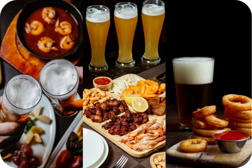 Montagem de fotos com diferentes tipos de cerveja e porções de bar, como camarão, anéis de cebola e uma tábua de petiscos.