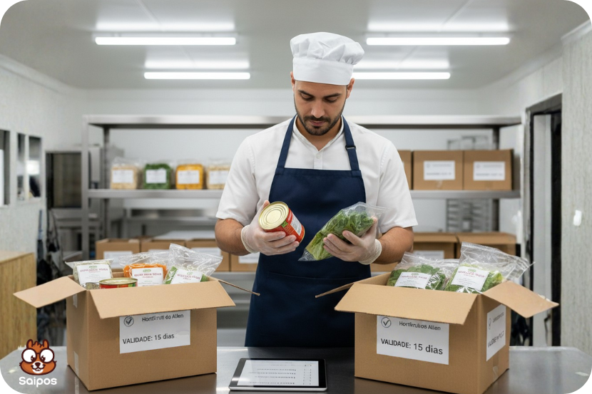 ilustração da Saipos com cozinheiro com uniforme branco e avental azul analisa uma lata e um pacote de vegetais em uma cozinha industrial, ao lado de caixas com alimentos etiquetados e prateleiras ao fundo. A cena representa boas práticas de armazenamento de alimentos em restaurante.
