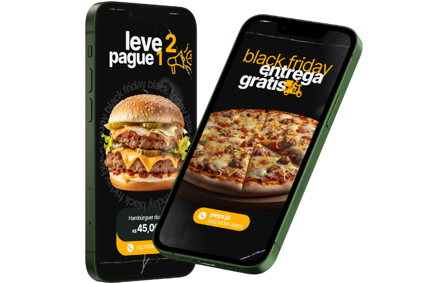 Exemplos de promoções de Black Friday para delivery em telas de celular: hambúrguer "Leve 2 Pague 1" e pizza com "Entrega Grátis".