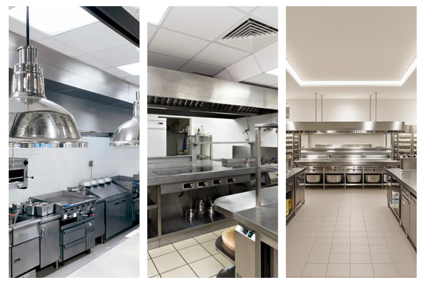 mosaico com três exemplos de cozinhas para lanchonete em estilo industrial, todas bem limpas e higienizadas com tons metálicos.
