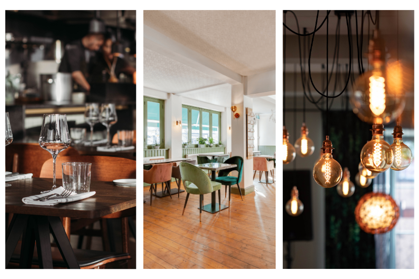 composição de 3 imagens com o fundo de decorações para lanchonete para mostrar diferentes aspectos neste mercado