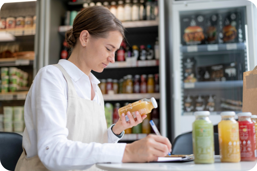 Pessoa analisando bebidas e anotando dados de controle, representando boas práticas de como evitar perdas de estoque em restaurantes. 