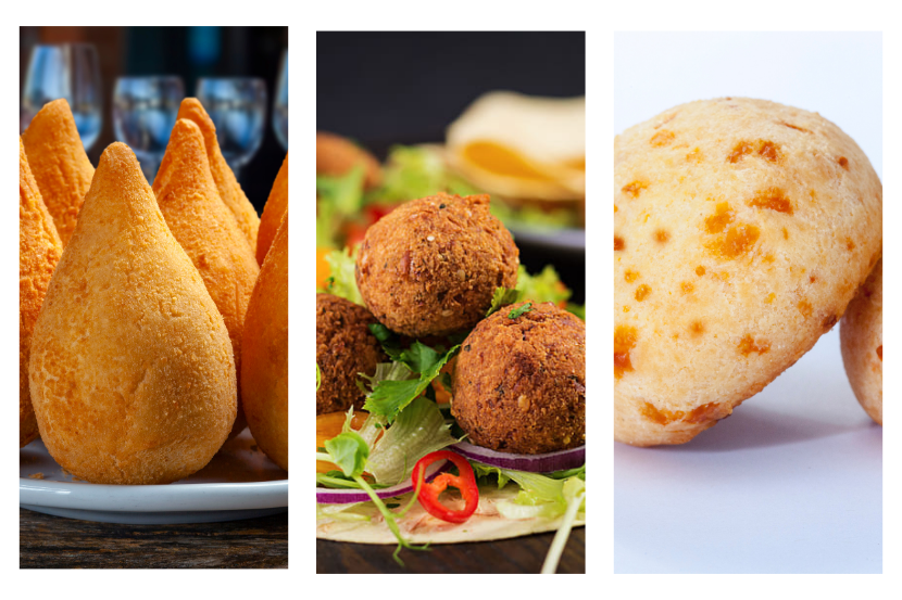 mosaicos de 3 tipos de fotos de salgados para lanchonete delivery, como coxinha, pão de queijo e almôndegas