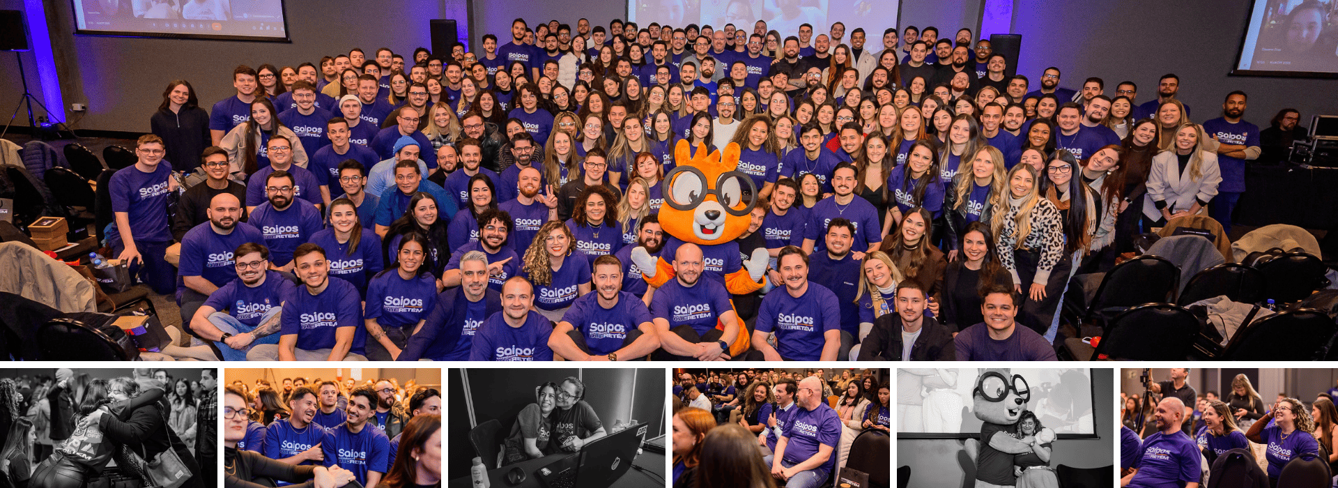 Montagem de fotos da equipe Saipos no evento de kick-off de 2025, com a foto principal mostrando todo o time reunido com o mascote.