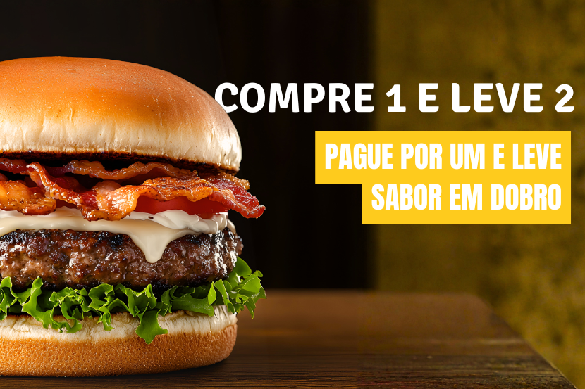  imagem ilustrativa de topo da Saipos, com um foco mais comercial trazendo ênfase para um hambúrguer com os chamados  “COMPRE 1 E LEVE 2 - PAGUE POR UM E LEVE SABOR EM DOBRO” A última frase está  em uma faixa em amarelo