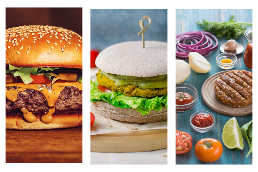 imagem com comparativo de 3 imagens de modelos diferentes de fazer hambúrgueres fit, entre eles o hambúrguer normal, um com pão integral e outro com proteína de soja
