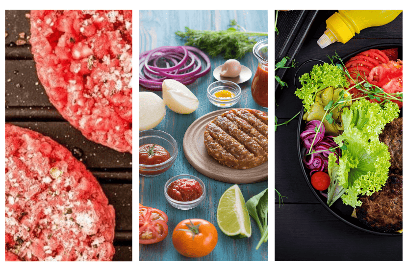 imagem de uma composição com 3 imagens de ingredientes para formar um hambúrguer, eles devem ser de qualidade para a melhoria e gourmetização do produto.