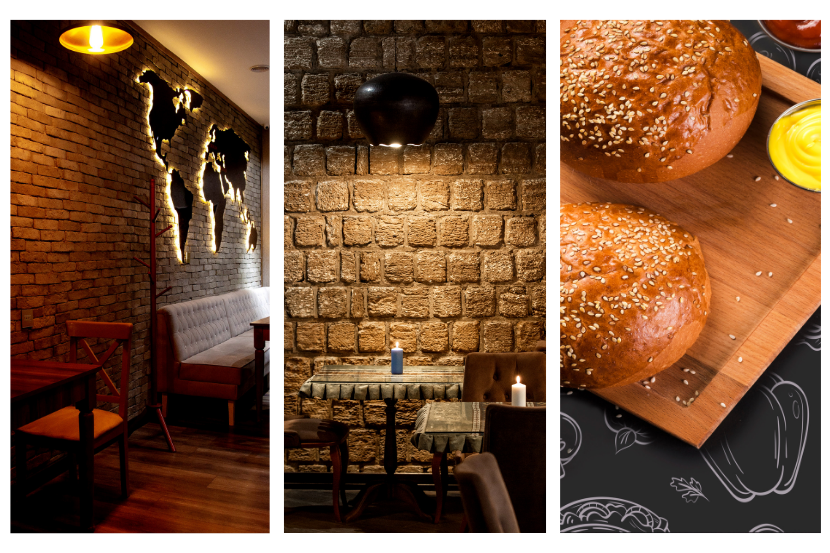 mosaico com composição de 3 fotos detalhando exemplos diferentes de decorações de hamburguerias.