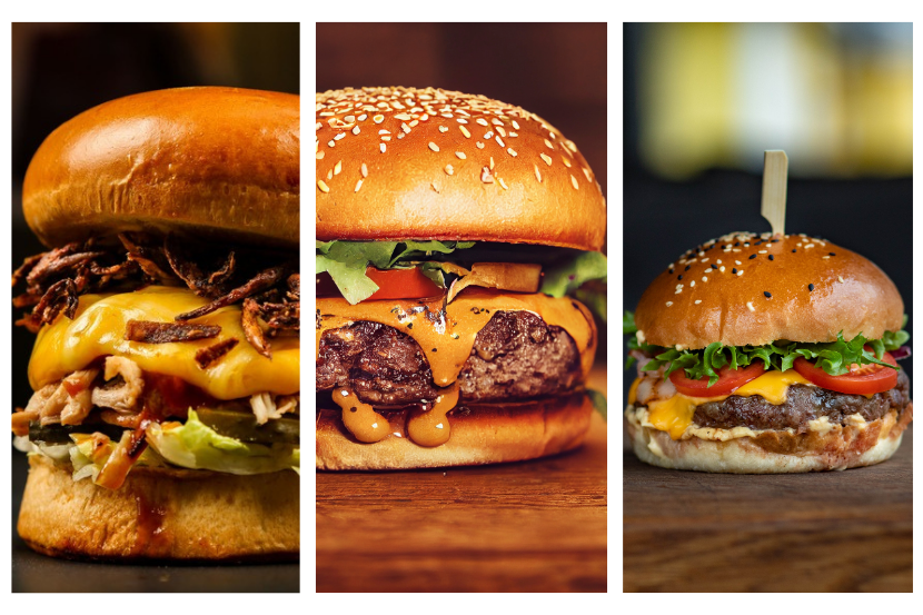 imagem de mosaico composto por 3 hambúrgueres estilo americanos e como eles podem ser feitos.