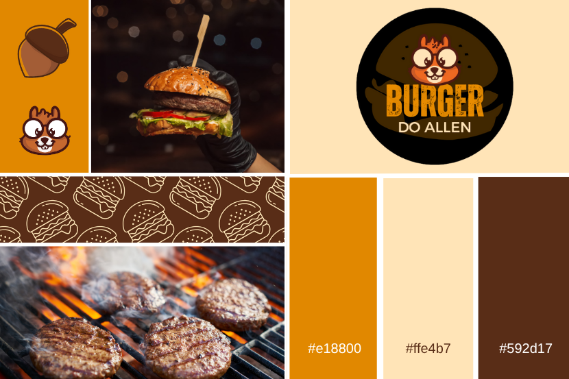 imagem ilustrativa da Saipos, com uma marca fictícia do burguer do allen, onde onde há toda a identidade visual, com elementos da marca como paleta de cores, elementos gráficos, e moodboard.
