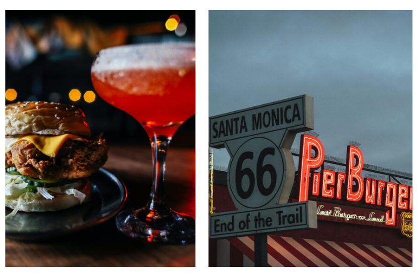 imagem comparativa de tipos de hamburguerias temática e como elas podem ser, trazendo elementos simples na decoração, como uma fachada (segunda imagem) ou alterar elementos do cardápio para serem mais atrativos (como na primeira imagem).