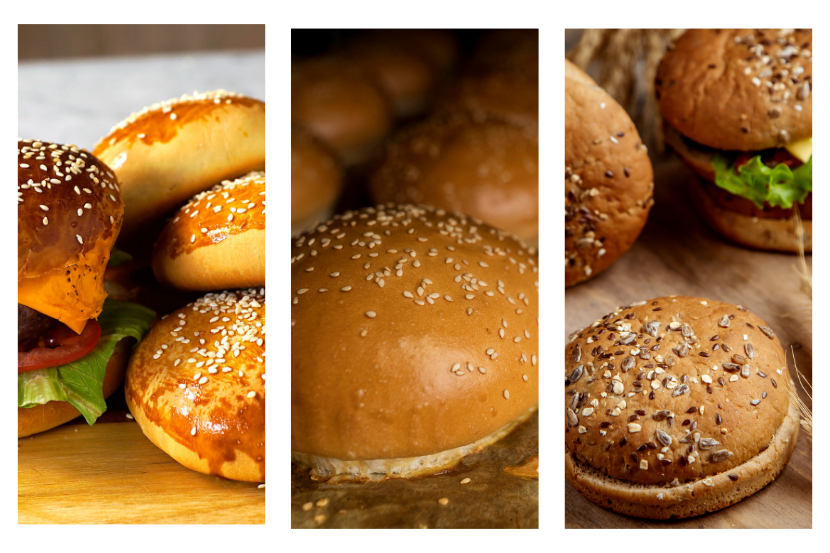 Composição de três fotos de pães de hambúrgueres caseiros, sendo integral e de centeio e o normal.