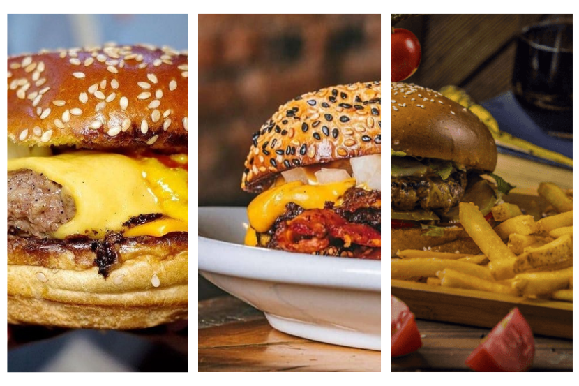 Composição de três fotos de hambúrgueres mostrando os seus principais tipos e sabores, como de cheddar e de frango.