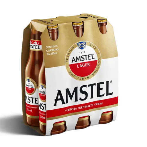  imagem com foco no produto com o fundo branco com um fardo de cerveja da marca Amstel