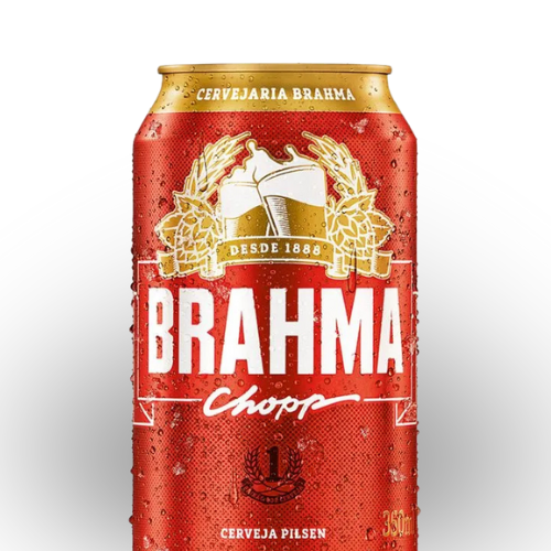 imagem com foco no produto com o fundo branco com uma lata de cerveja marca brahma chopp